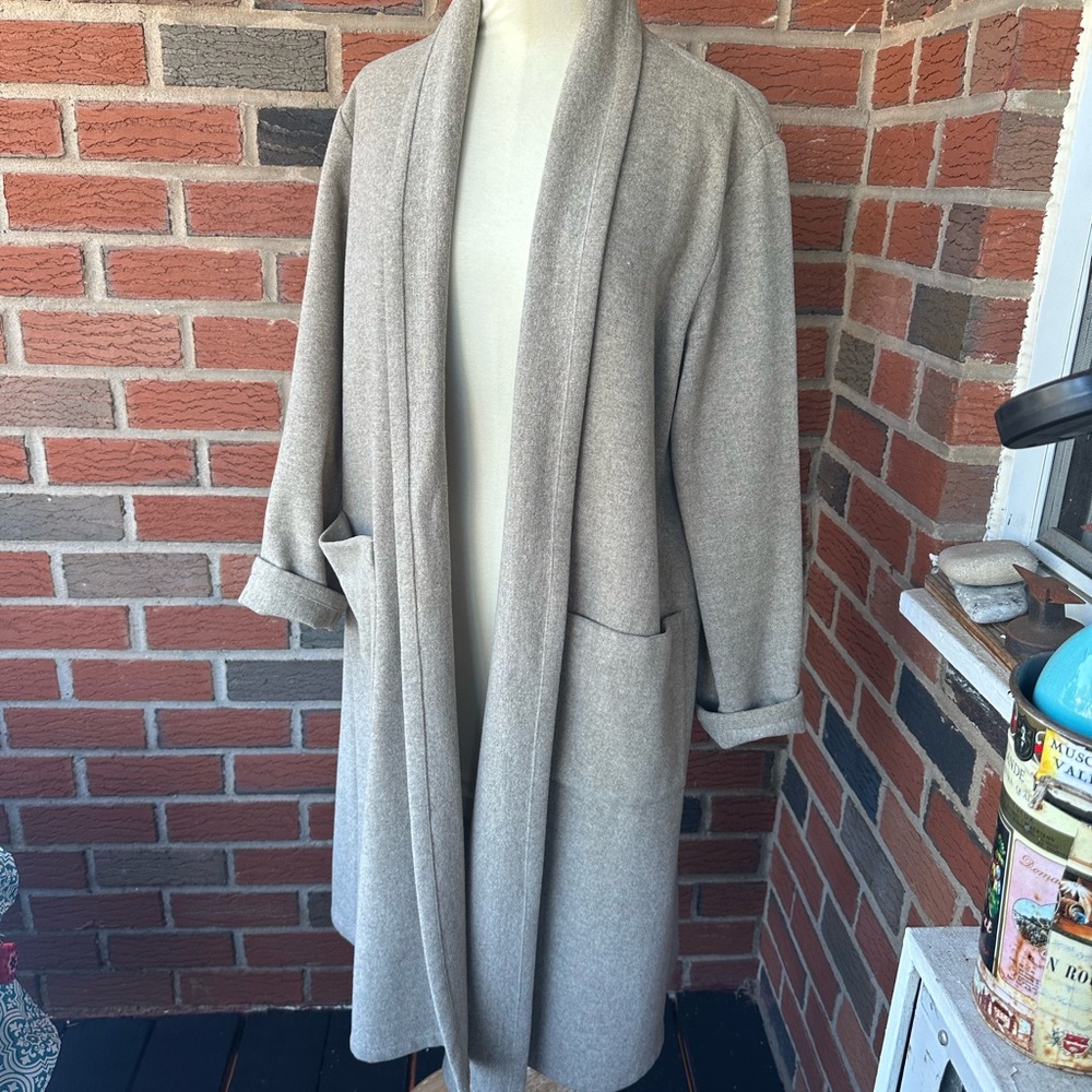 Eileen Fisher Open Front Shawl Collar Beige Wool Coat, Duster